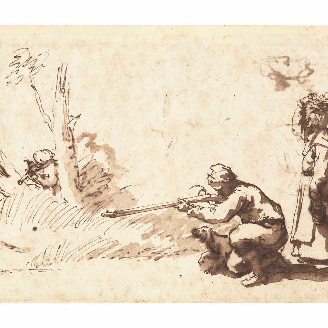 Jusepe de Ribera — Двое мужчин, охотящихся на голубей, и женщина с корзиной на голове, стоящая рядом ( справа ); два этюда с изображением голов ( оборотная сторона , слабо видна сквозь прямую )