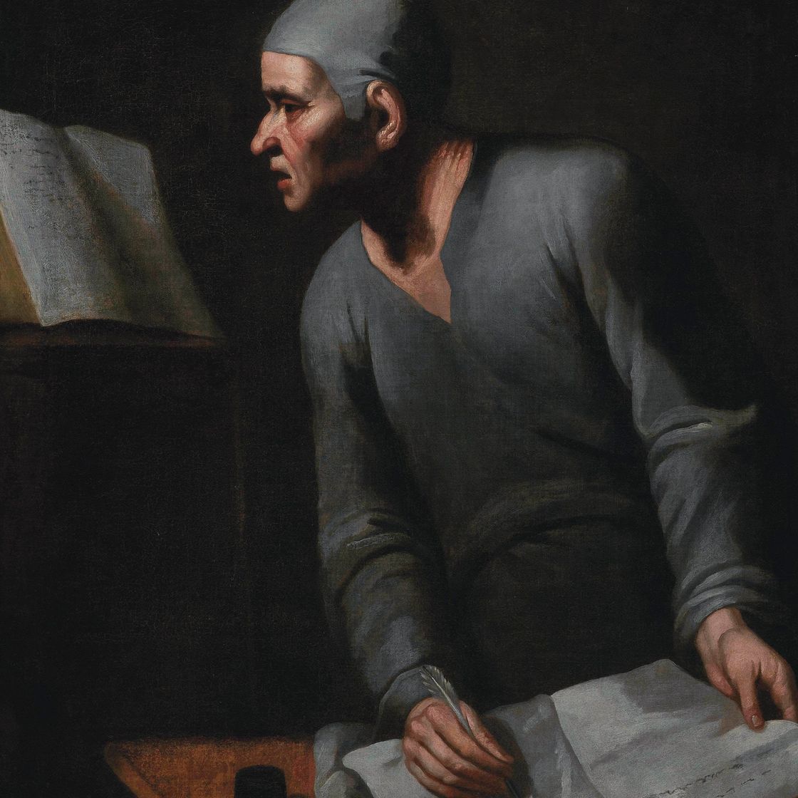 Jusepe de Ribera — Писатель за столом, с пером в правой руке, изучает рукопись