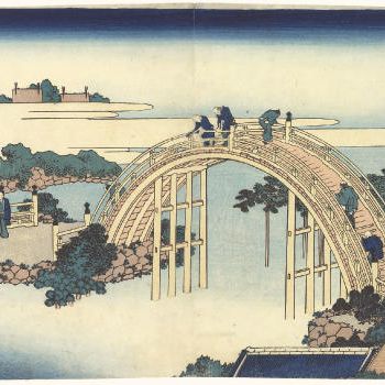 Katsushika Hokusai — Камэйдо тэндзин тайко баши (Барабанный мост в храме Камэйдо Тэндзин) из серии "Шококу мейке киран" ("Удивительные виды знаменитых мостов во всех провинциях")