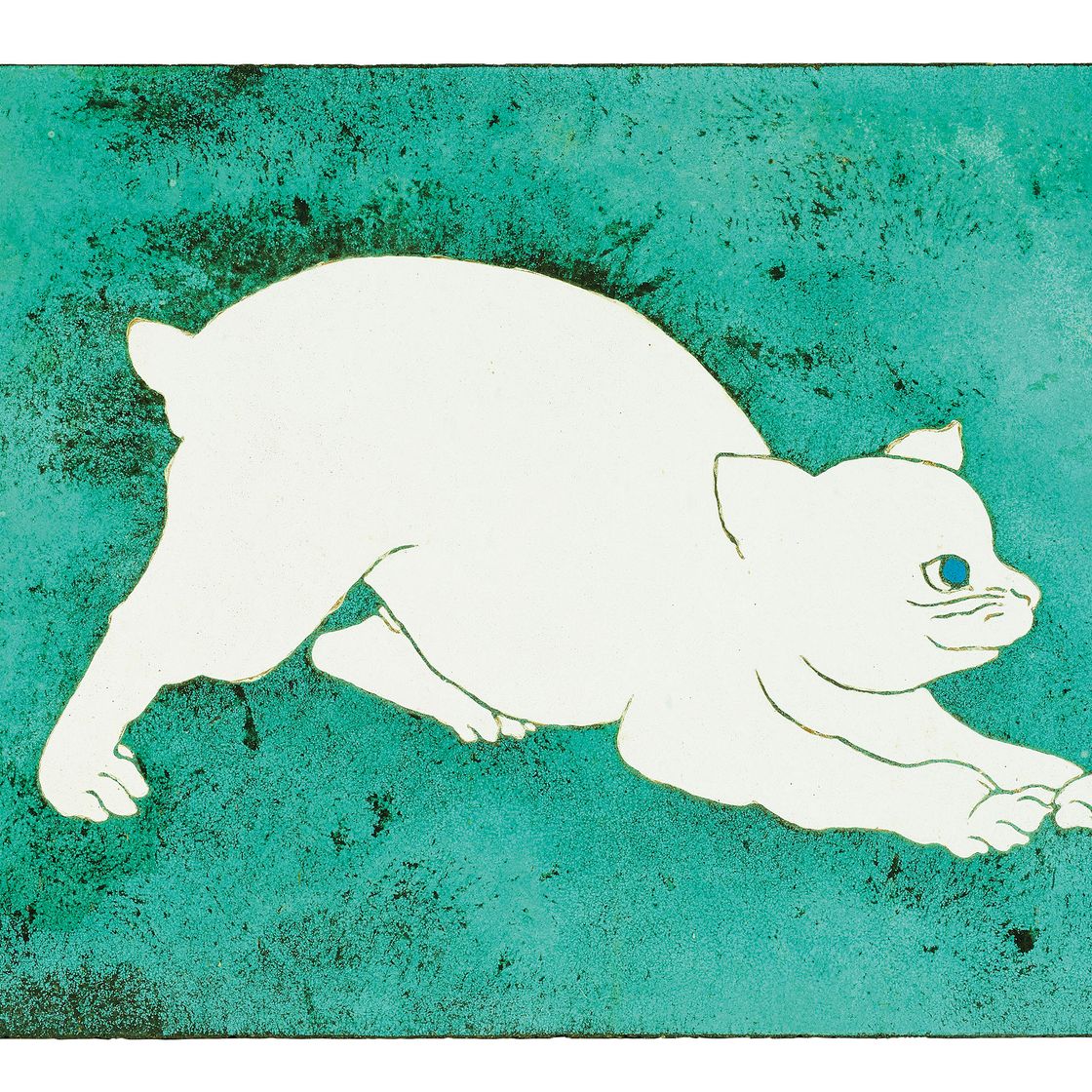 Léonard Tsuguharu Foujita — Белая кошка и котенок на голубом и золотом фоне, изображение 2