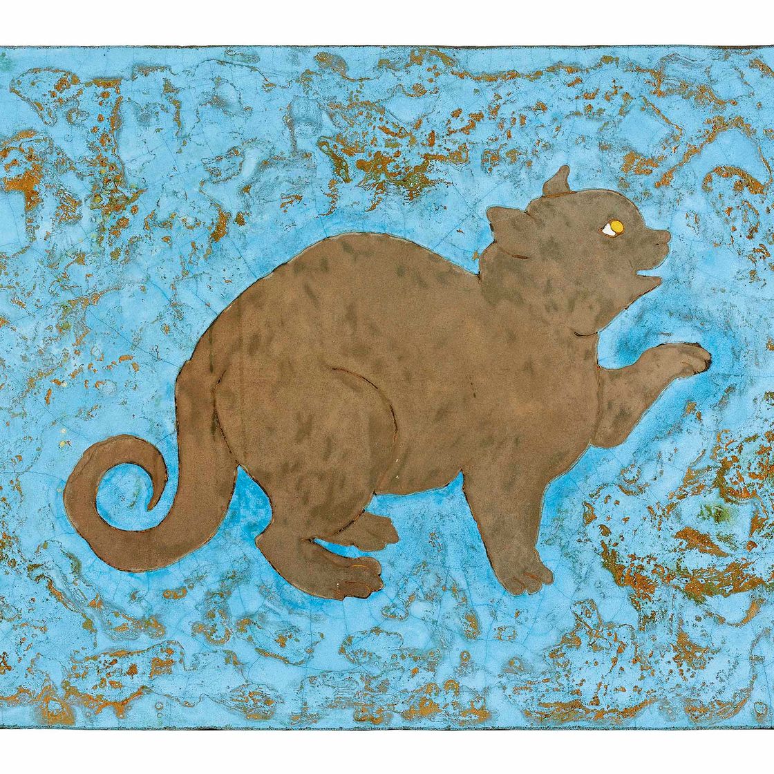 Léonard Tsuguharu Foujita — Белая кошка и котенок на голубом и золотом фоне, изображение 3