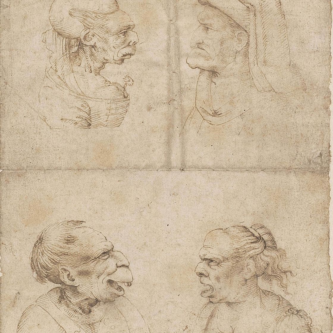 Leonardo da Vinci — Карикатуры на старуху с гвоздикой в качестве корсажа, старика в кепке, старика с открытым ртом и старуху, кричащую