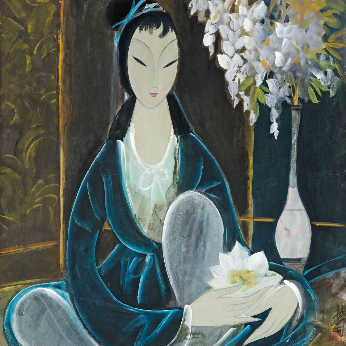 Lin Fengmian — Сидящая дама с цветами