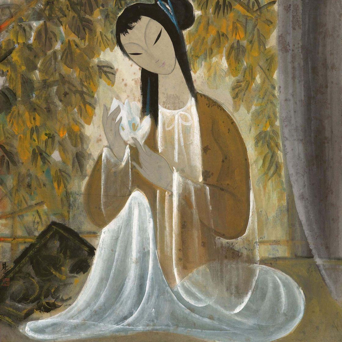 Lin Fengmian — Сидящая дама с цветком