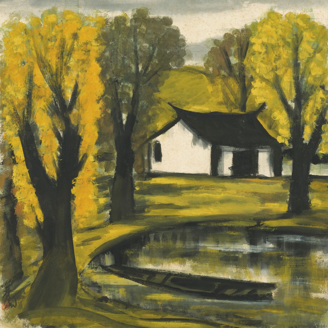 Lin Fengmian — Дом на берегу озера осенью