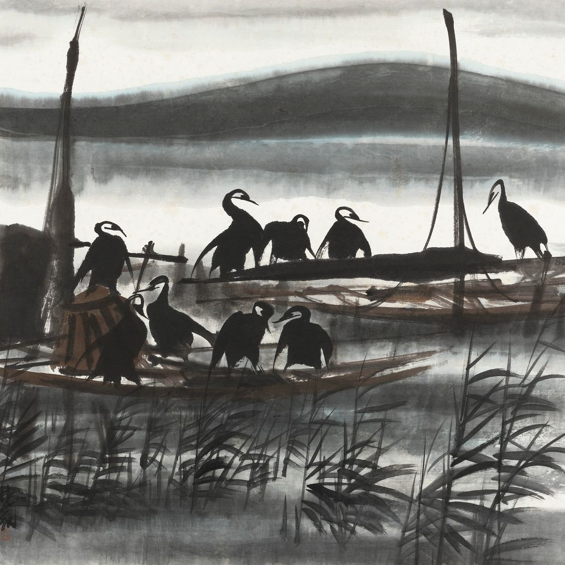 Lin Fengmian — Бакланы на рыбацких джонках, изображение 1