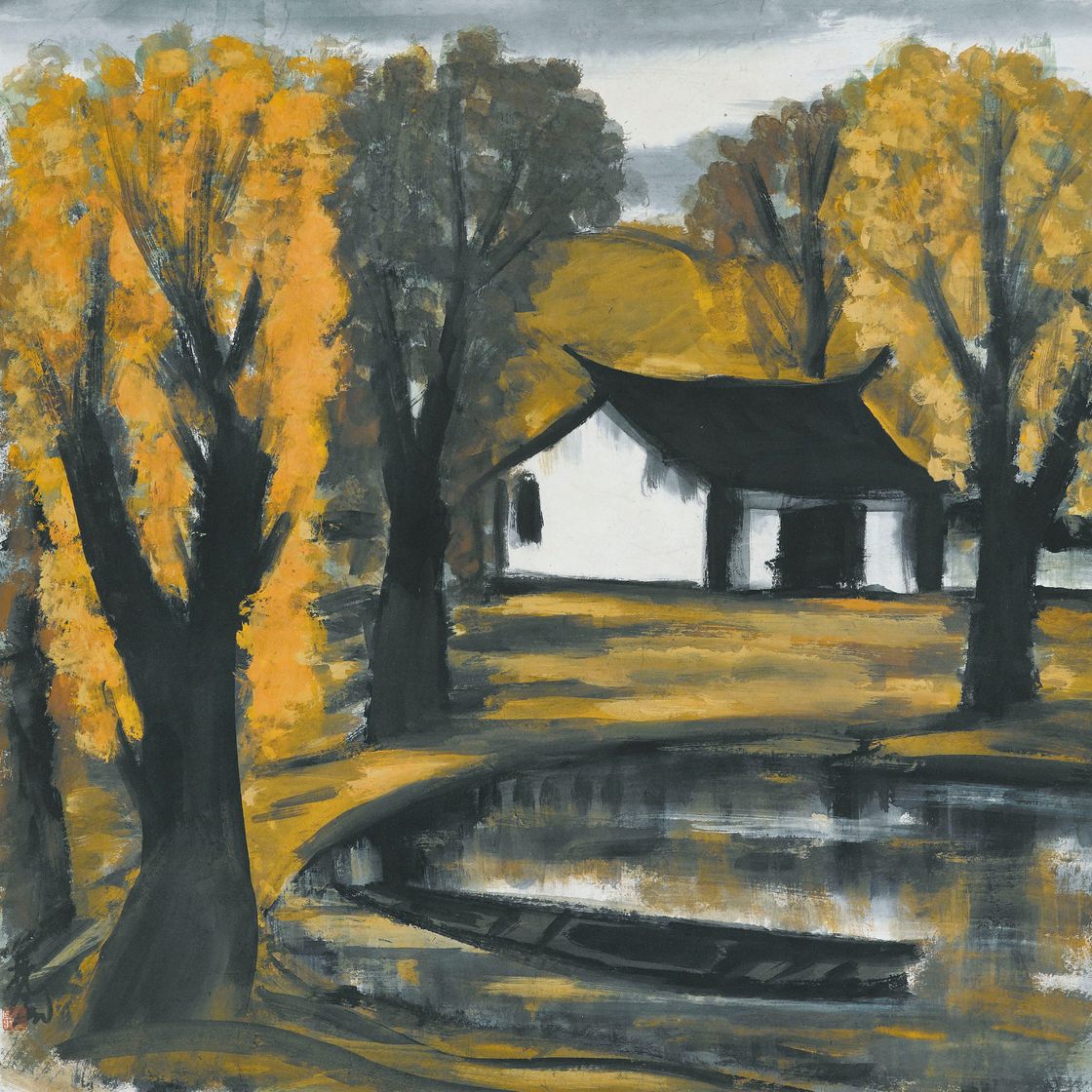 Lin Fengmian — Дом на берегу озера осенью