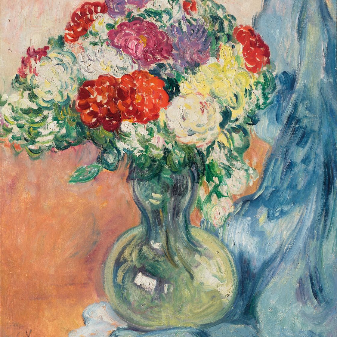 Louis Valtat — Синие хризантемы в драпировке, изображение 1
