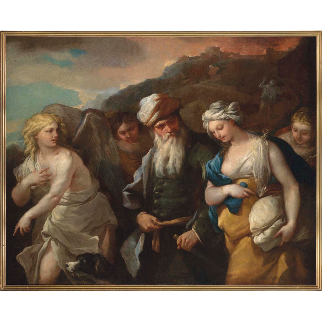 Luca Giordano — Лот и его дочери с двумя ангелами, за которыми виден горящий город Содом.