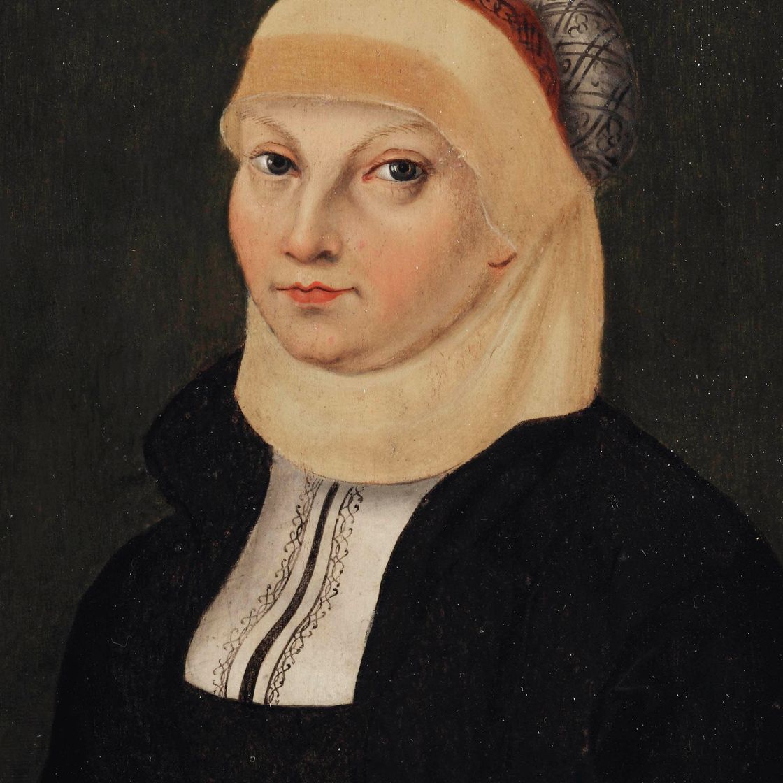 Lucas Cranach the Elder — Портрет Катарины фон Бора (1499-1552), "лютеранки", жены Мартина Лютера, в полный рост, в черно-белом платье и головном уборе