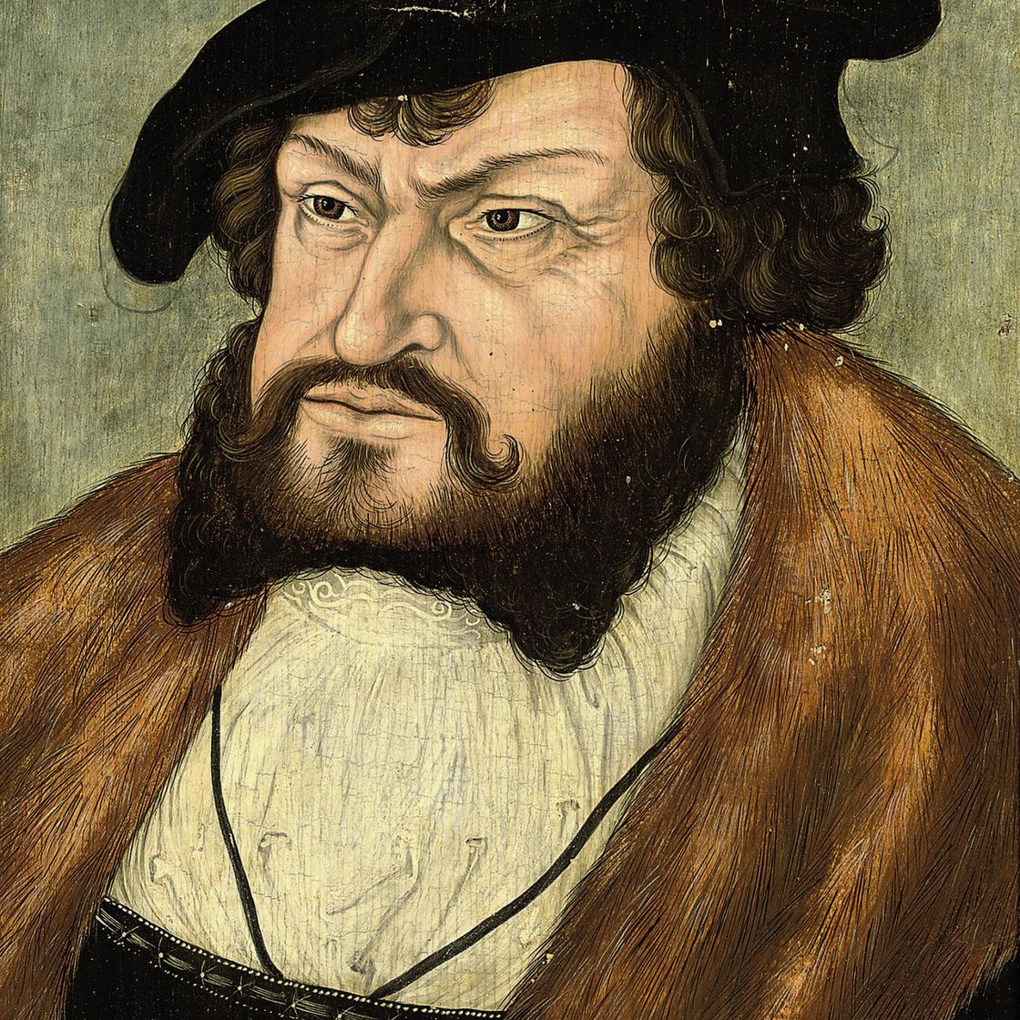 Lucas Cranach the Elder — Портрет Иоанна I (1468-1532), Стойкого, курфюрста Саксонии, во весь рост, в меховом плаще и черной шапочке