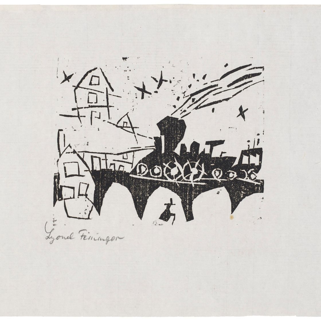 Lyonel Feininger — "Цуг у моста" (Локомотив на мосту), из десяти гравюр на дереве Лионеля Файнингера