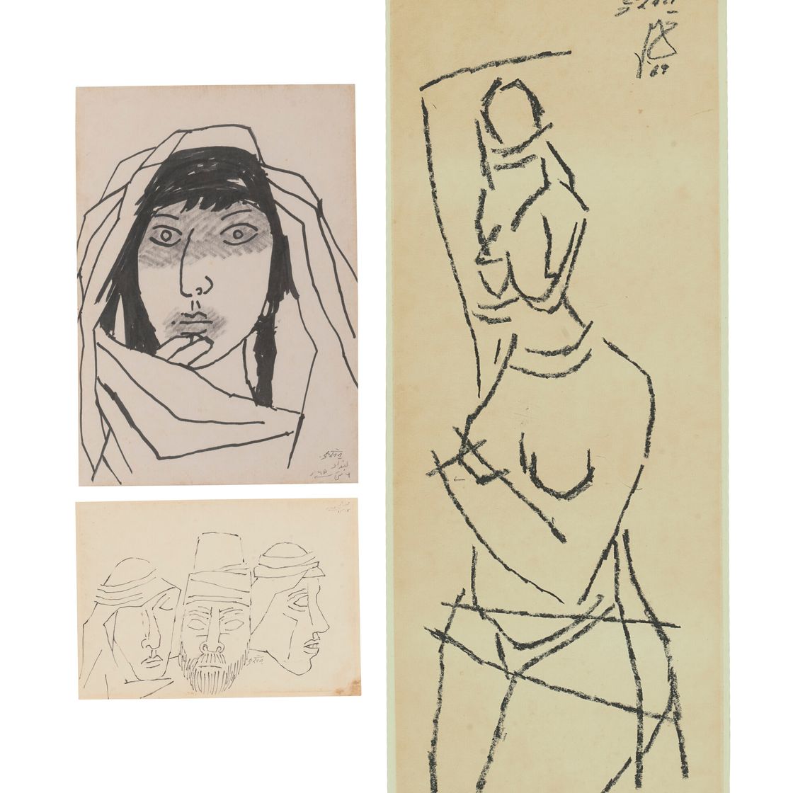 Maqbool Fida Husain — Без названия (Лицо девушки); Без названия (Лица); Без названия (Женщина)