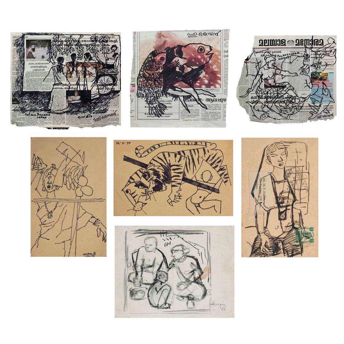 Maqbool Fida Husain — Салим, Продавец бананов; Без названия (Рыба); Без названия (Рыбный рынок); Без названия (Женщина и бананы); Без названия (Тигр); Без названия (Мать и дитя); Без названия (Семья)