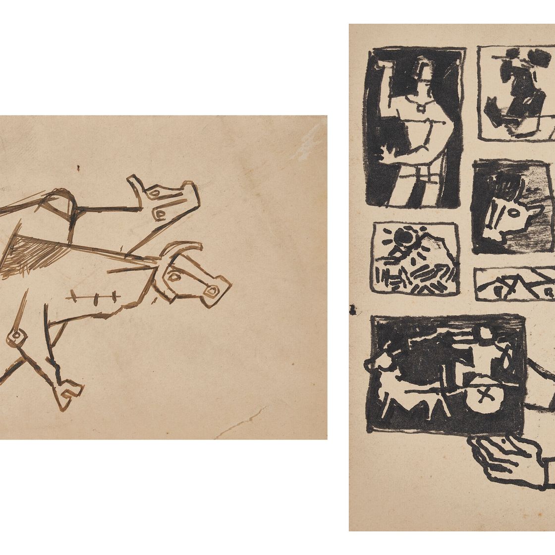 Maqbool Fida Husain — Без названия (Быки); Без названия (Деревенские сцены)