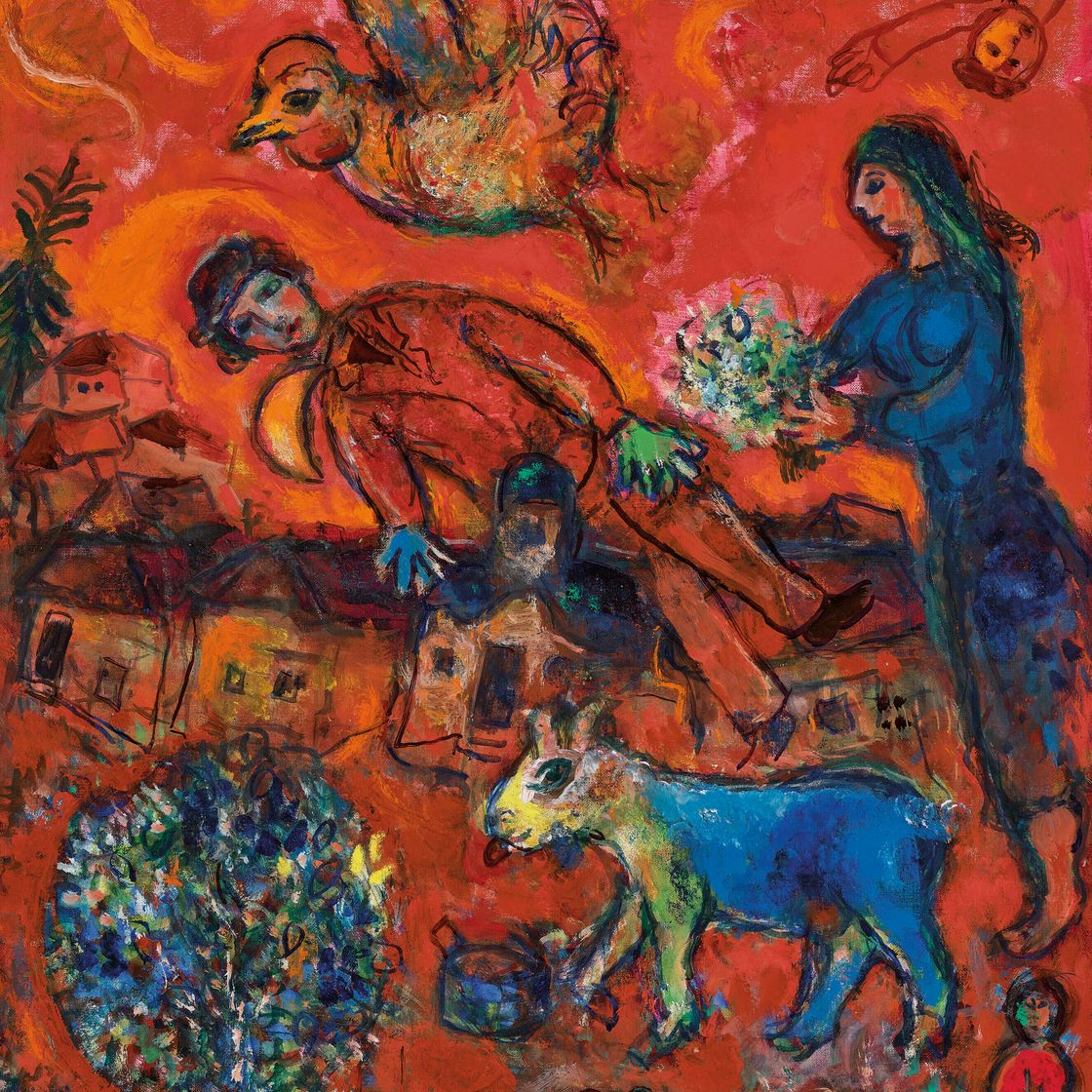 Marc Chagall — Любовь в деревне на фоне красного фон-ружа, изображение 1