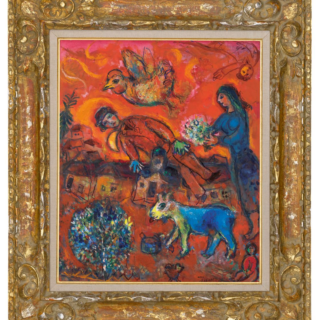 Marc Chagall — Любовь в деревне на фоне красного фон-ружа, изображение 2