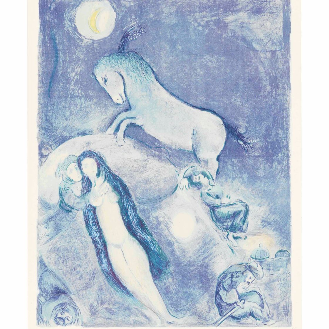 Marc Chagall — Он подошел к дивану и увидел спящую молодую леди, волосы которой были прикрыты сорочкой, словно полная луна, поднимающаяся над восточным горизонтом..., из четырех сказок "Тысячи и одной ночи".