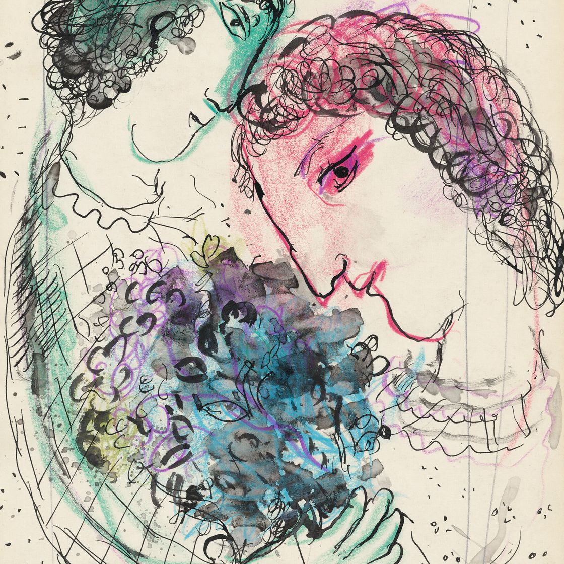 Marc Chagall — Любовь между профилями, зелеными и розовыми, изображение 1