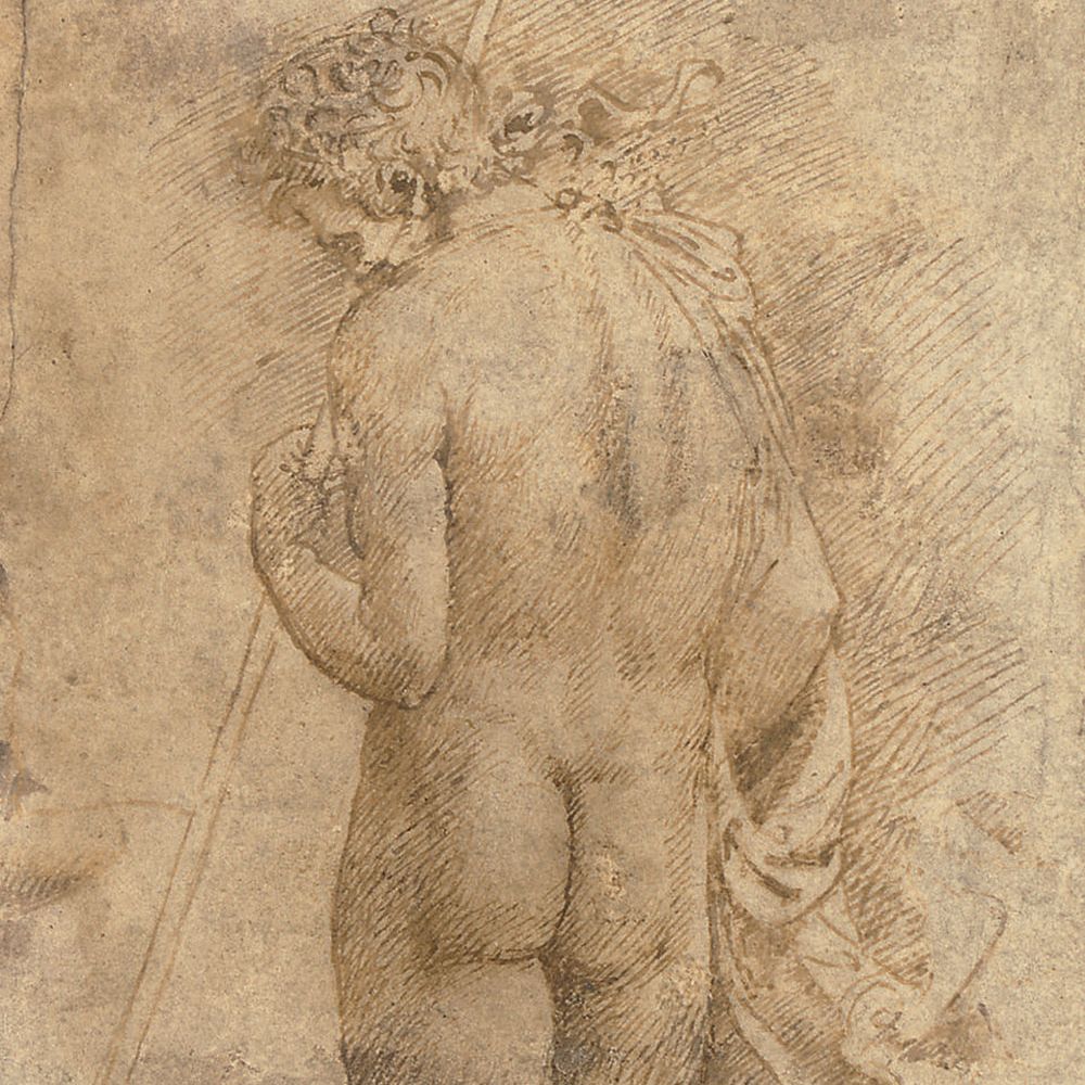 Marcantonio Raimondi — Стоящий обнаженный мужчина, видимый сзади, держит трофейный штандарт