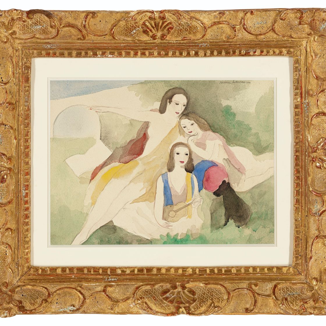 Marie Laurencin — Молодая женщина и молодые парни в черном платье, на мосту, изображение 2