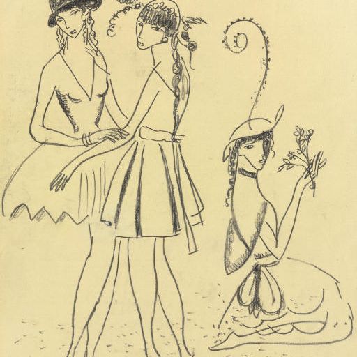Marie Laurencin — РИСУНОК ТРЕХ ЖЕНСКИХ ФИГУР КАРАНДАШОМ НА БУМАГЕ, 1940-Е ГОДЫ