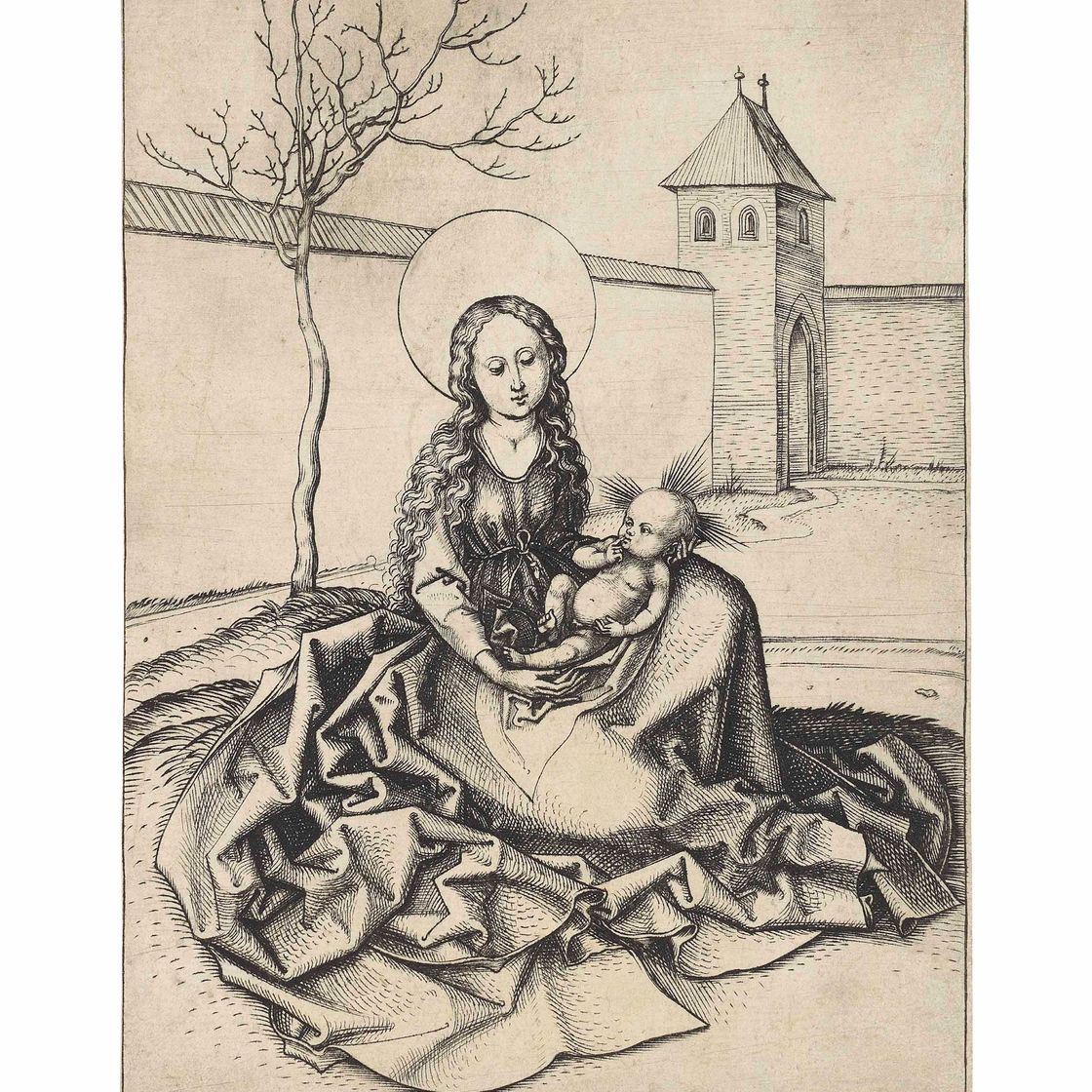 Martin Schongauer — Богородица с младенцем во дворе (Б. 32; Л., гл. 38)