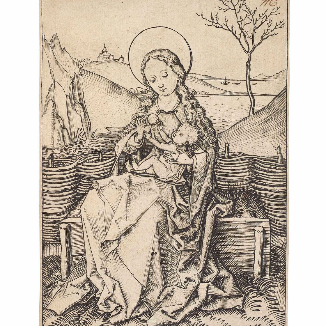 Martin Schongauer — Богородица с младенцем на заросшей травой скамейке (Б. 30; Лер, Холстейн, 36)