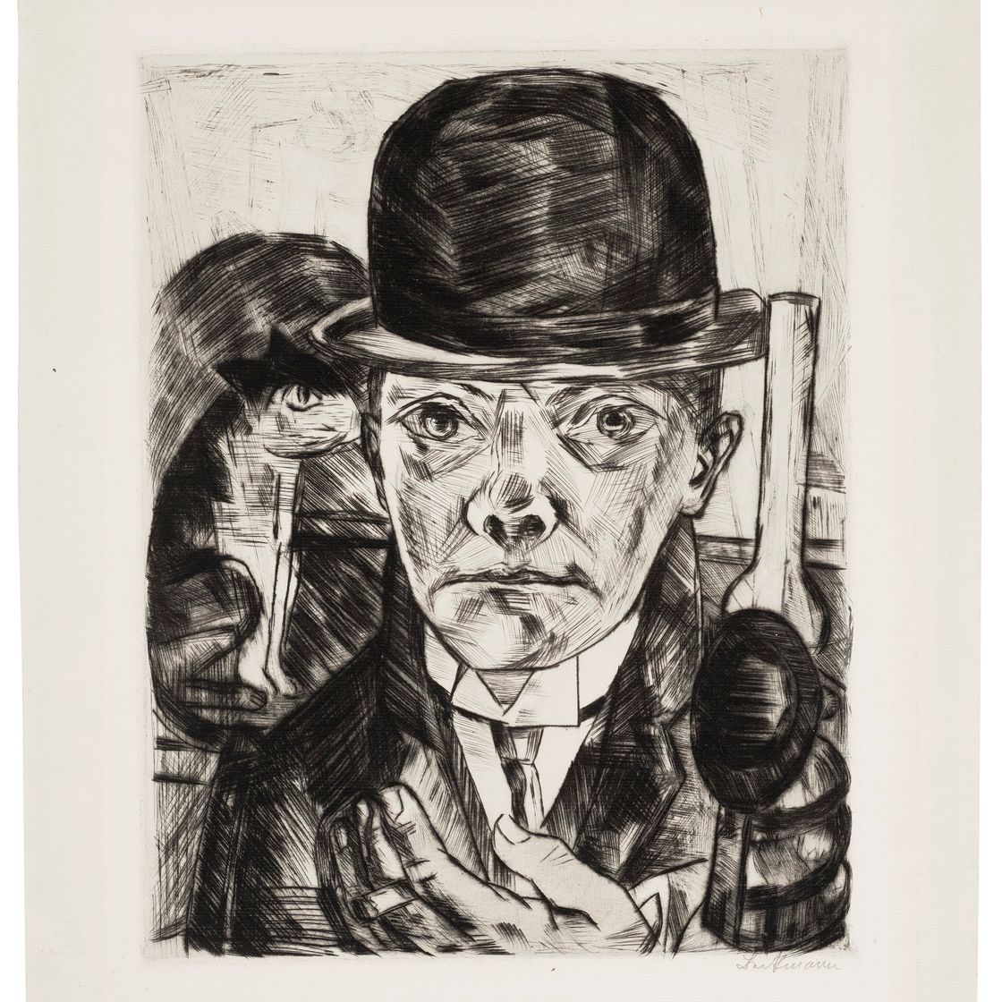 Max Beckmann — Selbstbildnis mit steifemHut (Автопортрет в шляпе-котелке), изображение 1