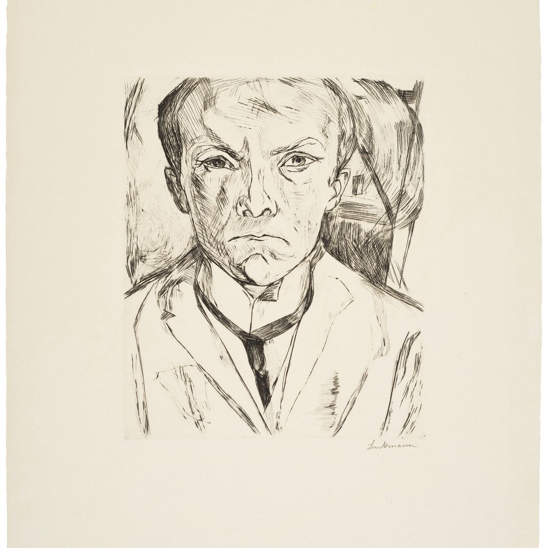 Max Beckmann — Зельбстбилдис фон Ворн, из внутреннего пространства усадьбы (фронтальный автопортрет на фоне фронтона дома)