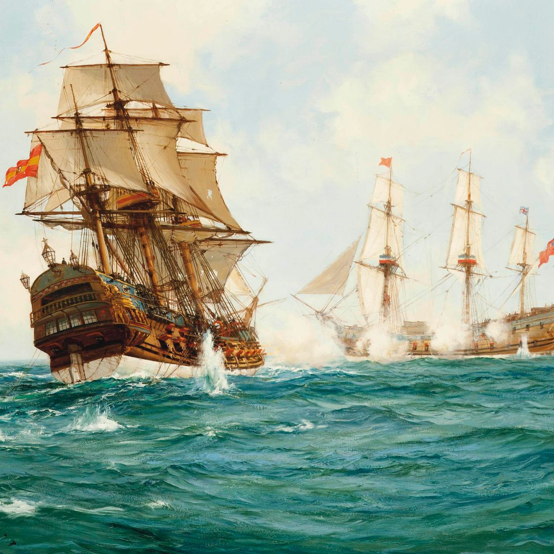 Montague Dawson — Корабль Его Королевского величества "Центурион" захватил испанский галеон с сокровищами "Нуэстра Сеньора де Кавадонга" у Филиппинских островов, 20 июня 1743 года