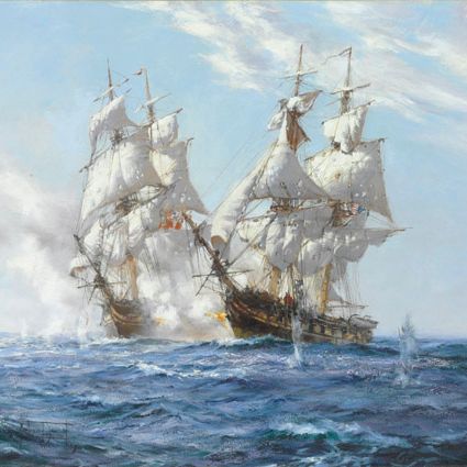 Montague Dawson — Американский бриг "Аргус" вступил в бой со шлюпом его величества "Пеликан" в британских водах, 14 августа 1813 года
