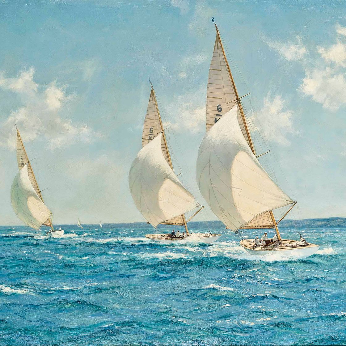 Montague Dawson — Гонки в Соленте: при устойчивом ветре спинакеры преодолевают расстояние в шесть метров с близкого расстояния