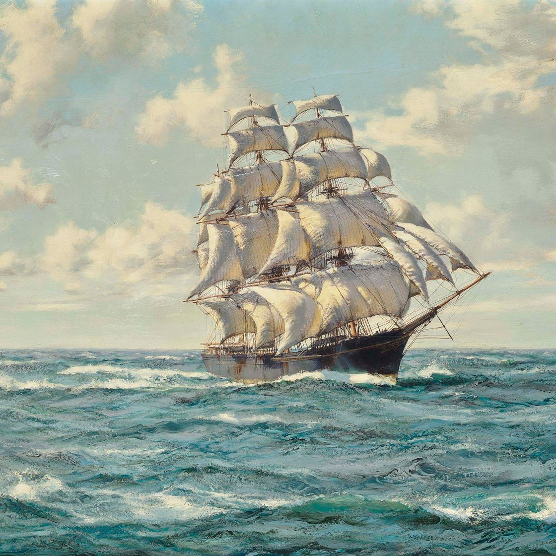 Montague Dawson — Американский клипер "Лайтнинг" уверенно держит курс по Тихому океану