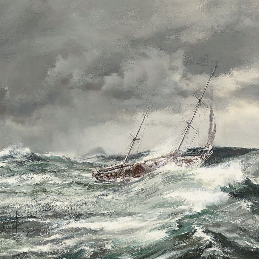 Montague Dawson — Цыганский мотылек (IV) в непогоду у мыса Горн, плывущий под штормовым парусом