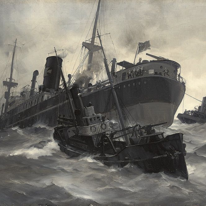 Montague Dawson — Потерпевшее крушение торговое судно "Овиндин Грейндж" взято на буксир