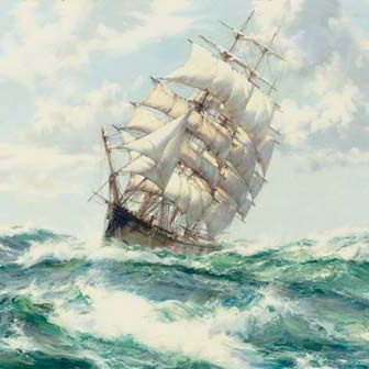 Montague Dawson — Сильный ветер, клипер "Северная Америка" в бушующем море.