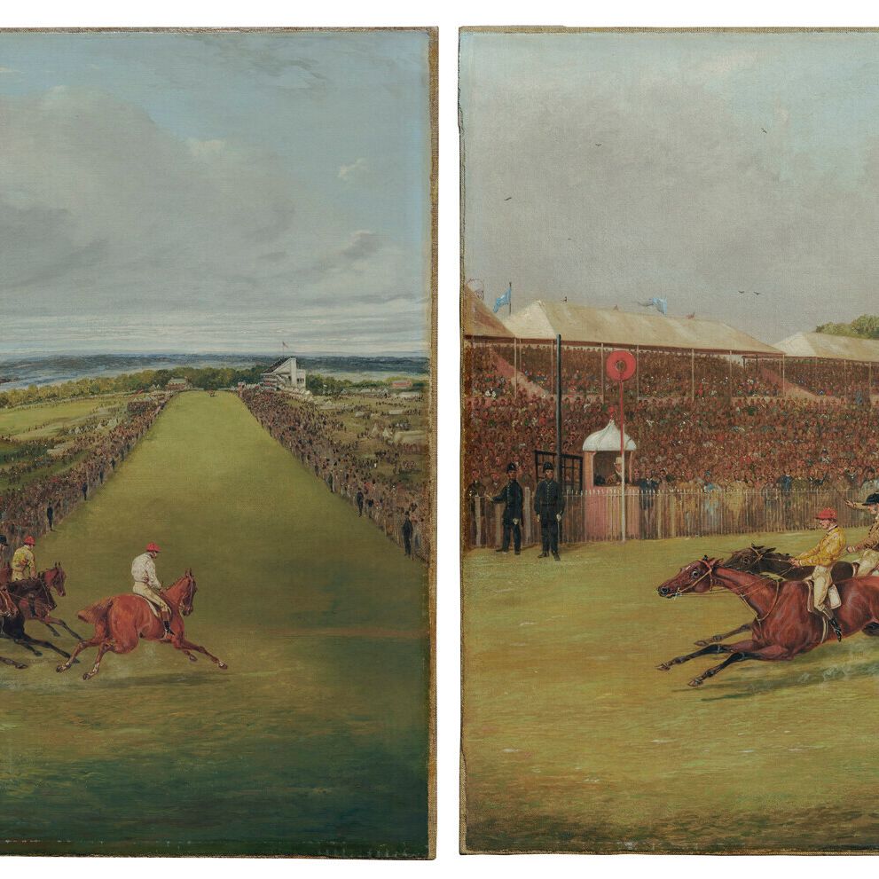 Mr. — Гонка на дерби, 1872 год: поле, огибающее угол Таттенхэма, панорамный вид на толпу на Эпсом-Даунс за ним; и финиш Дерби, 1872 год: "Креморн" мистера Х. Сэвилла первым, "Пел-Мел" мистера Дж. Н. Эстли вторым и "Куинс" лорда Фалмута вторым. Третий посланник, изображение 1