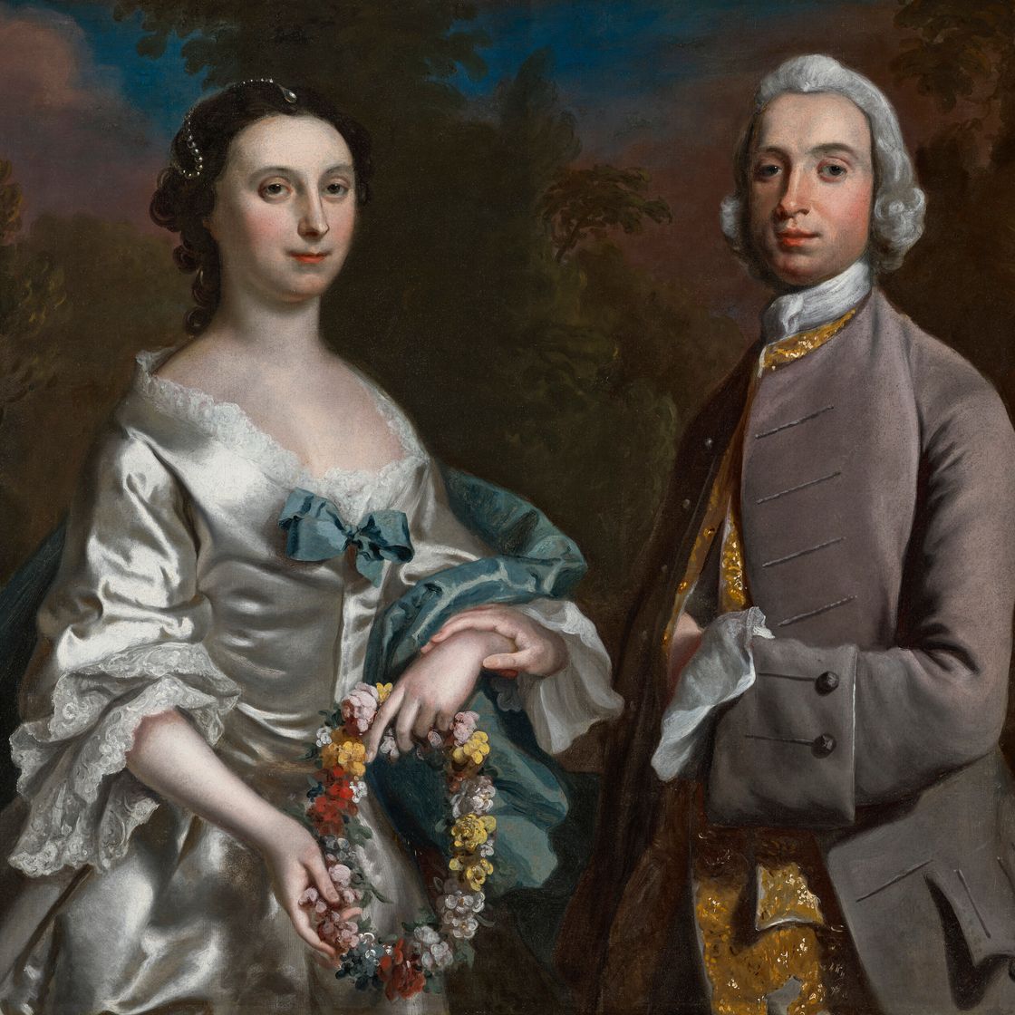Mr. — Портрет мистера Эдварда Прайса (р.1723), Ганли и миссис Фрэнсис Прайс, урожденной Эгертон, Трелидан, в полный рост, на фоне пейзажа, изображение 1