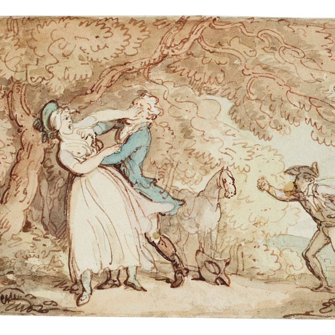 Mr. — Группа из десяти рисунков, семь иллюстраций к приключениям Родерика Рэндома и три неопубликованные иллюстрации к приключениям Джозефа Эндрюса и его друга мистера Абрахама Адамса: "Взаимное неповиновение капитану". Уизел и мисс Дженни Рэмпер’; ‘Оглашение завещания лейтенанта. Брат Роулинг (Боулинг)"; "Пир по обычаю древних"; "Ужасные последствия неуклюжести Клинкера"; "Хамфри Клинкер в тюрьме читает проповеди преступникам"; "Свадьба лейтенанта Люмбаго (Лисмахаго) и мисс Табиты и т.д."; "Том Джонс спасает мисс Воды от насилия в Норзертоне (неопубликованная версия)"; и три неопубликованных рисунка для ‘Джозефа Эндрюса", изображение 10