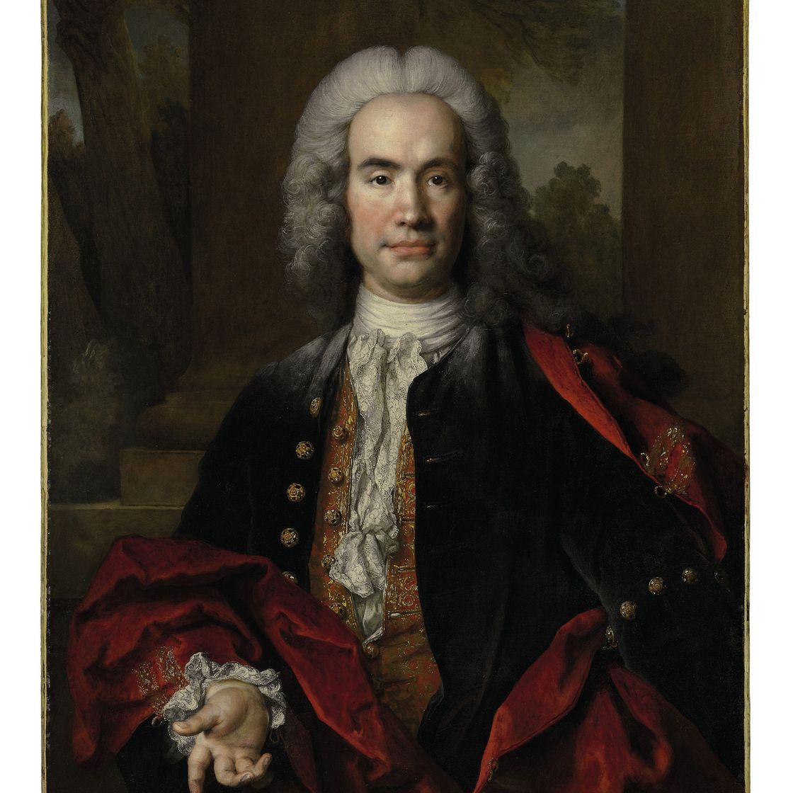 Nicolas de Largillierre — Портрет Гаспара Гедеона Пето, сеньора де Молетта, в полный рост, в вышитом синем жилете и красной бархатной накидке