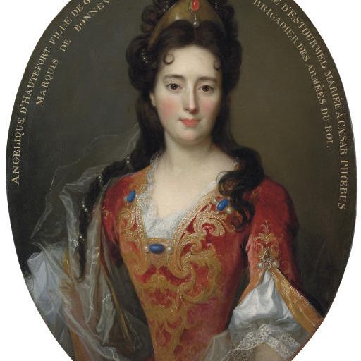 Nicolas de Largillierre — Портрет Анжелики д'Отфор, в полный рост, в лифе и юбке, расшитых красным и золотым