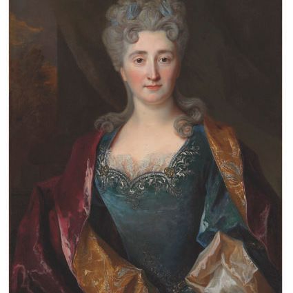 Nicolas de Largillierre — Портрет дамы в полный рост, в синем платье и малиновой шали