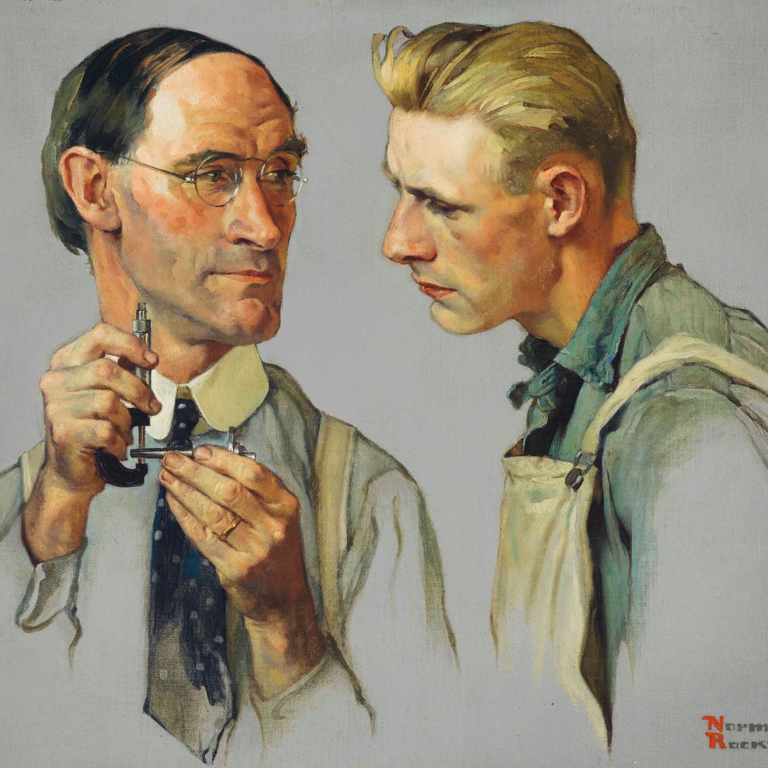 Norman Rockwell — "Разве Вы не видите? Разница составляет более трех тысячных!" (Машинист и ученик смотрят на высокоточный инструмент)