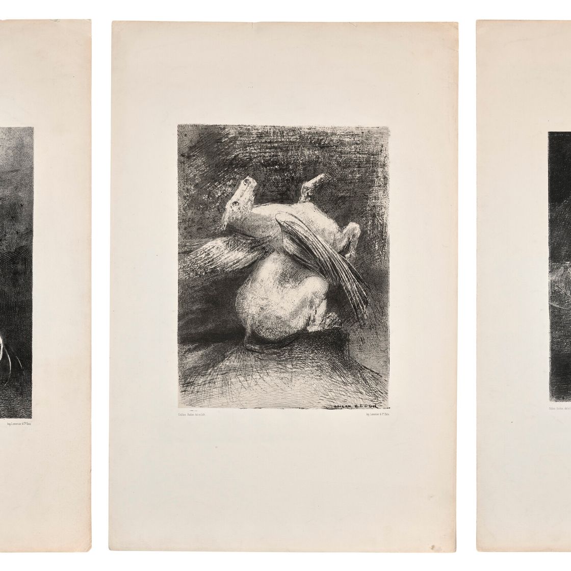 Odilon Redon — Сиреневая вылазка флотилии, борьба с дардами (i); Внезапный порыв ветра, точка соприкосновения с темными просторами (ii); И человек, который плывет, исследует соль земли, сортирует и сохраняет жизнь, борется с войнами мрачных клартов (iii); планы проблемы, связанные с происхождением альбома