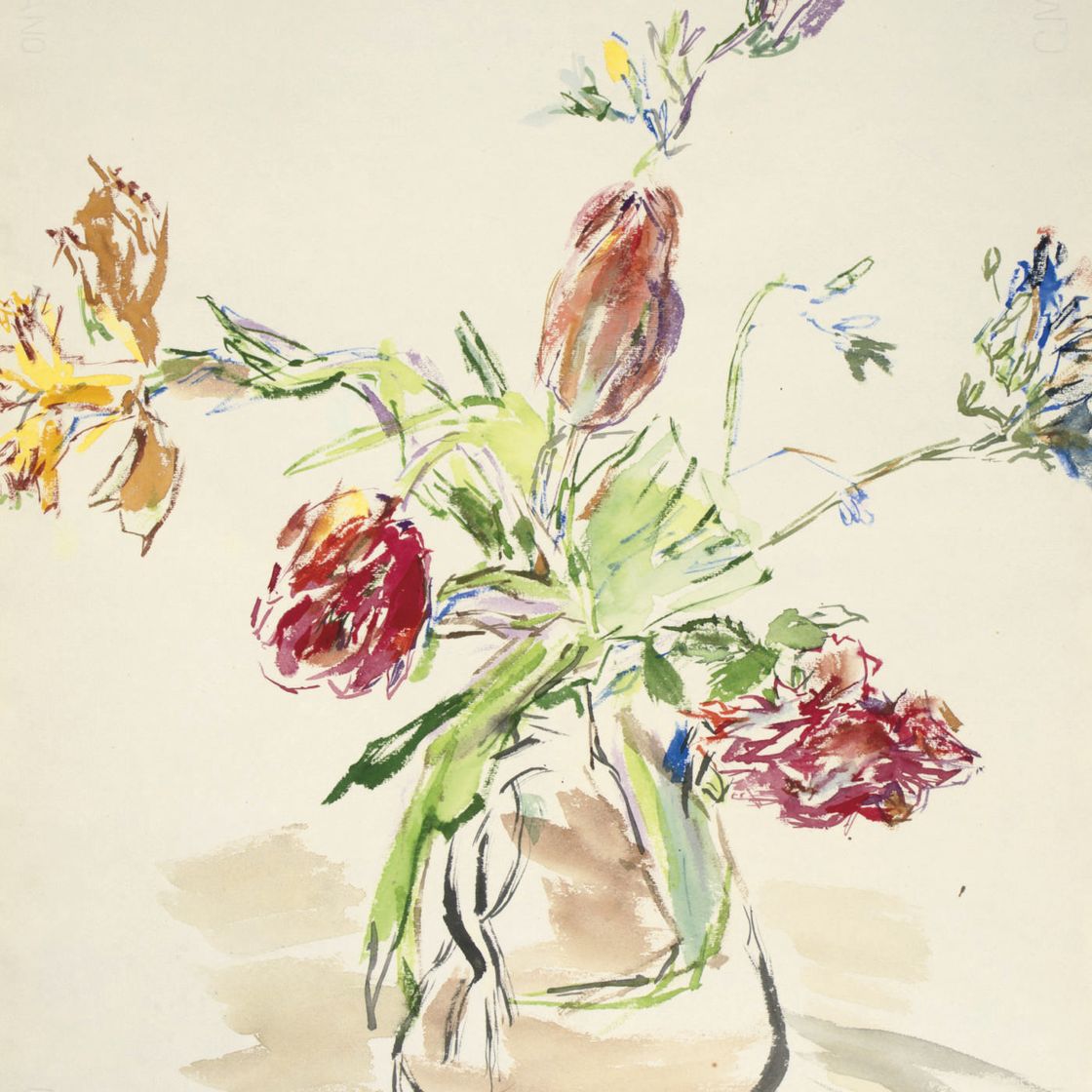 Oskar Kokoschka — Тюльпаны, нарциссы, розы и фрезии в стеклянной вазе