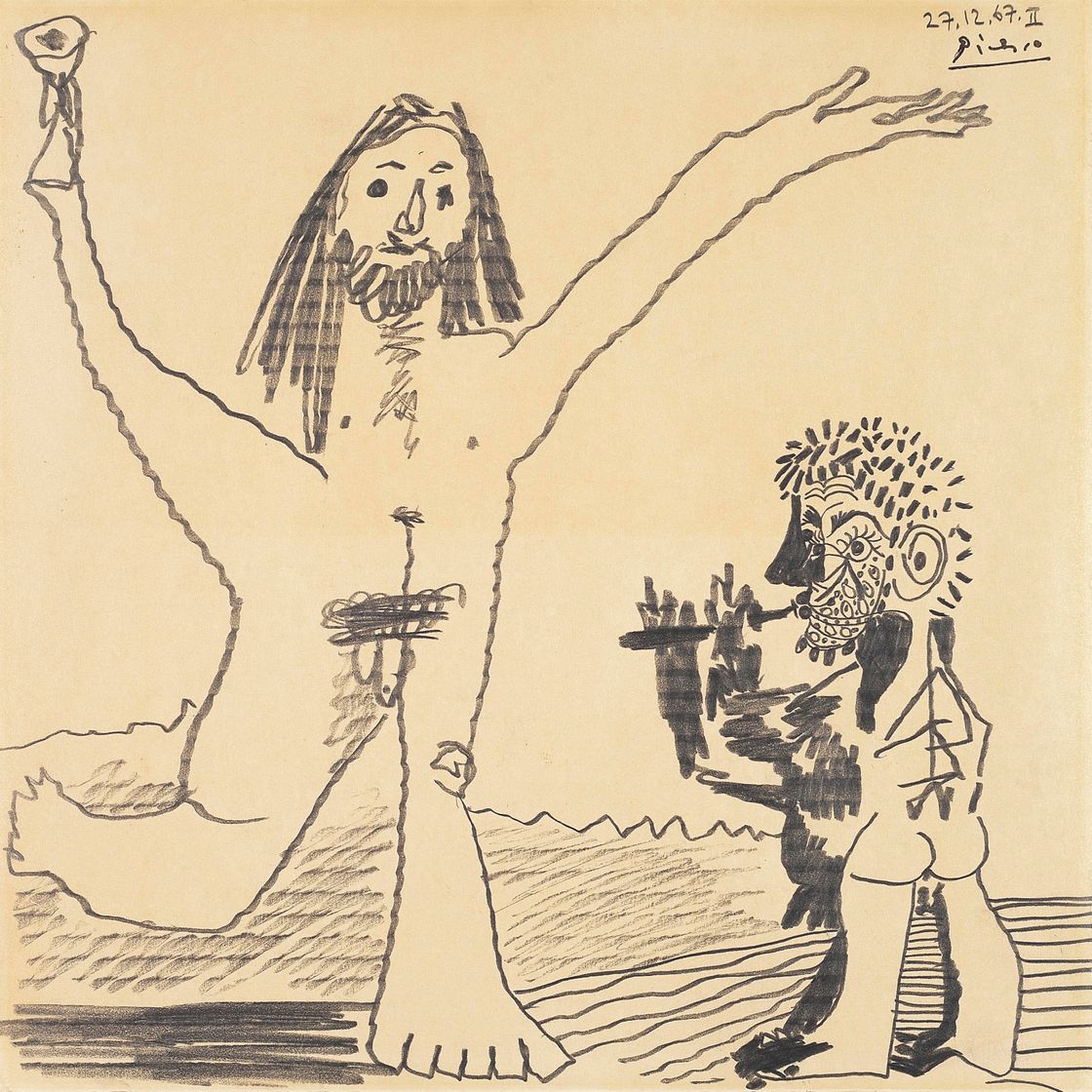 Pablo Picasso — Два персонажа мужского пола в молодости - бродяги, прославляющие жизнь, вино и музыку