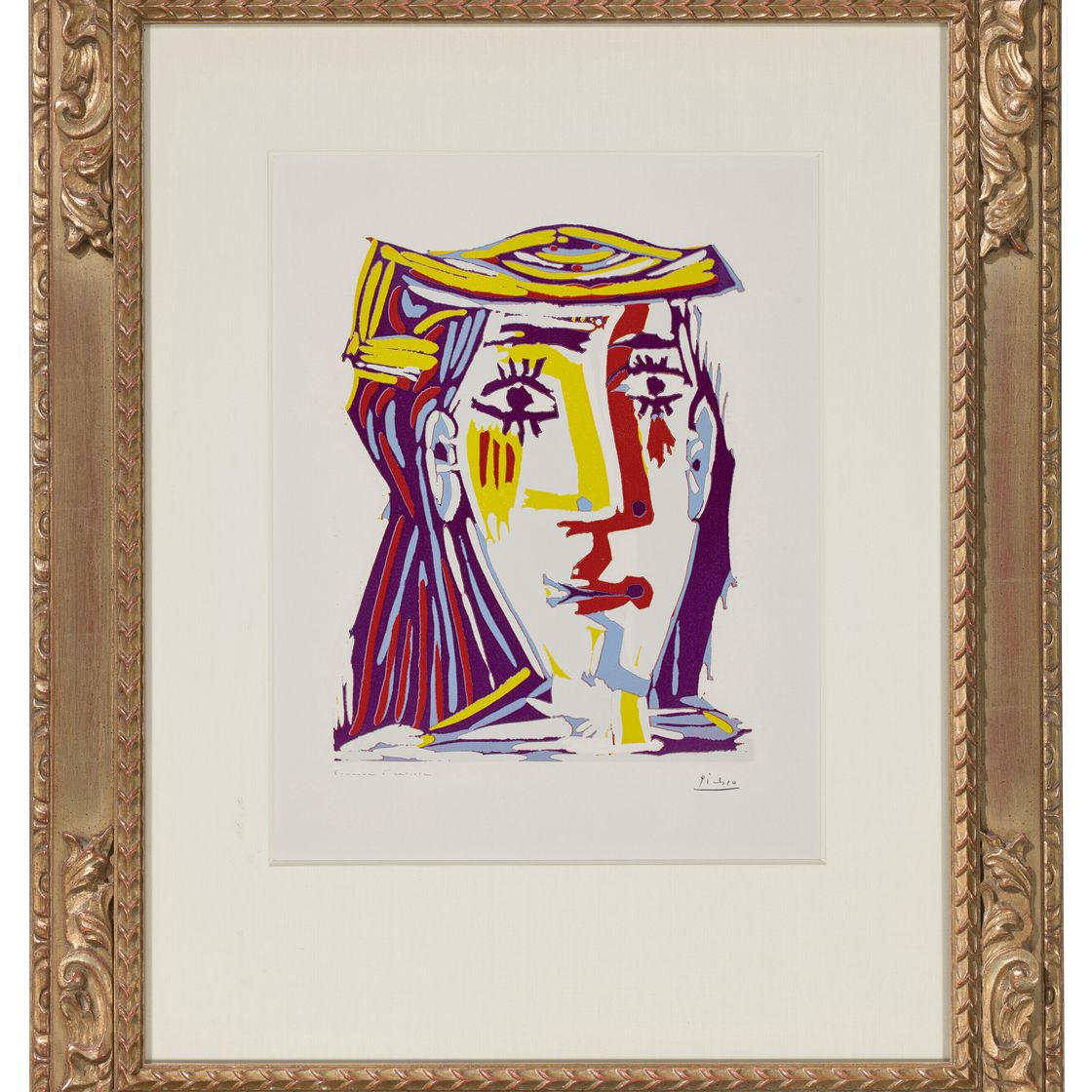 Pablo Picasso — Многоцветный портрет Жаклин в головной убор из ткани, изображение 2