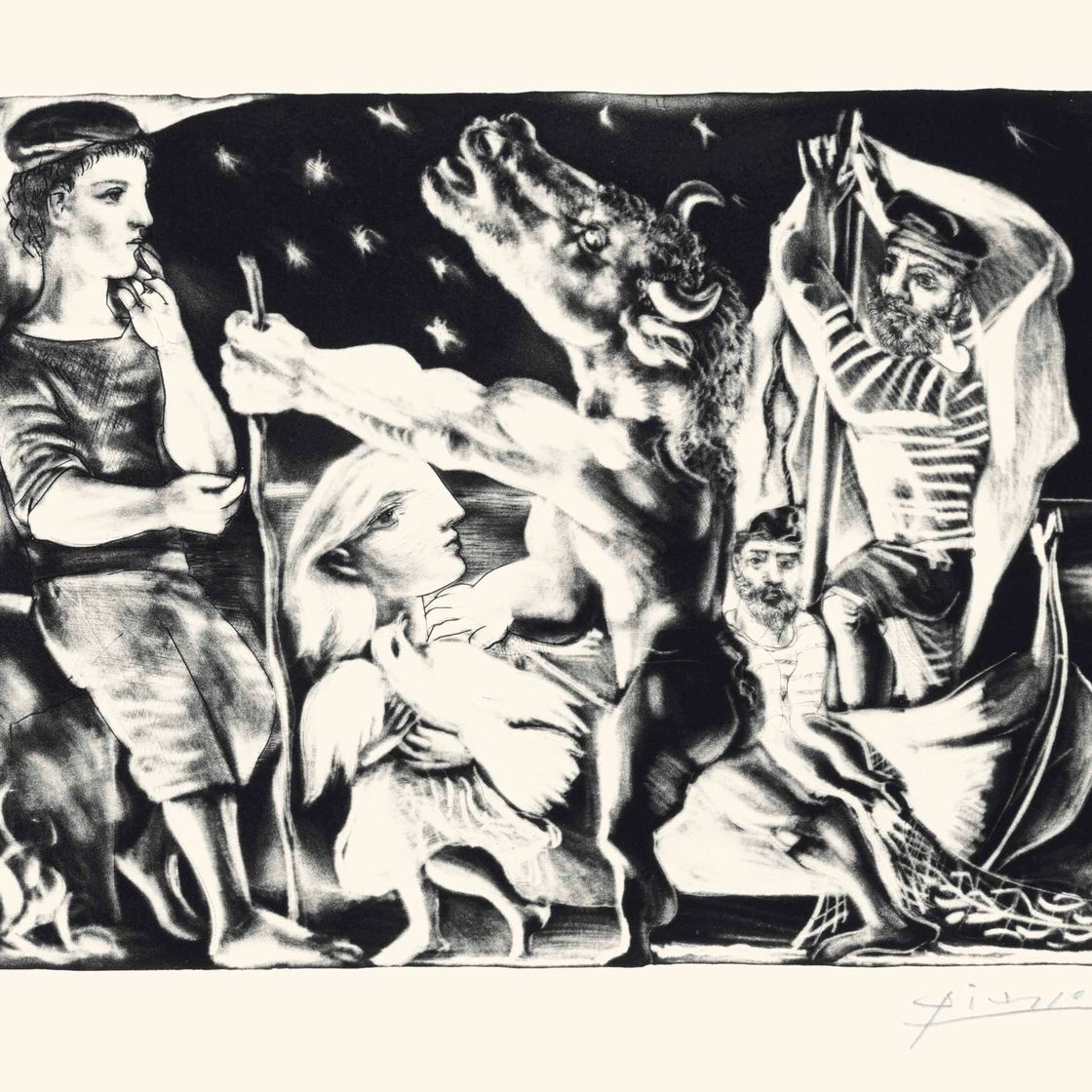 Pablo Picasso — Минотавр - путеводитель по Марии-Терезе с голубем, танцующей в ночной жизни, из оперы "Сюита Воллара"