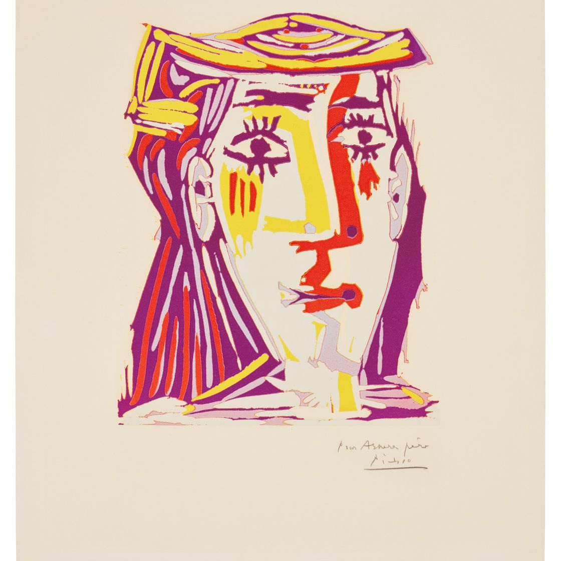 Pablo Picasso — Многоцветный портрет Жаклин в головной убор из ткани